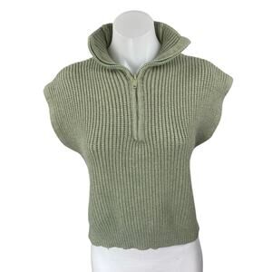 Elan Women's Green Short Sleeve Ribbed Knit 1/4 Zip Turtleneck Sweater Top Sz M